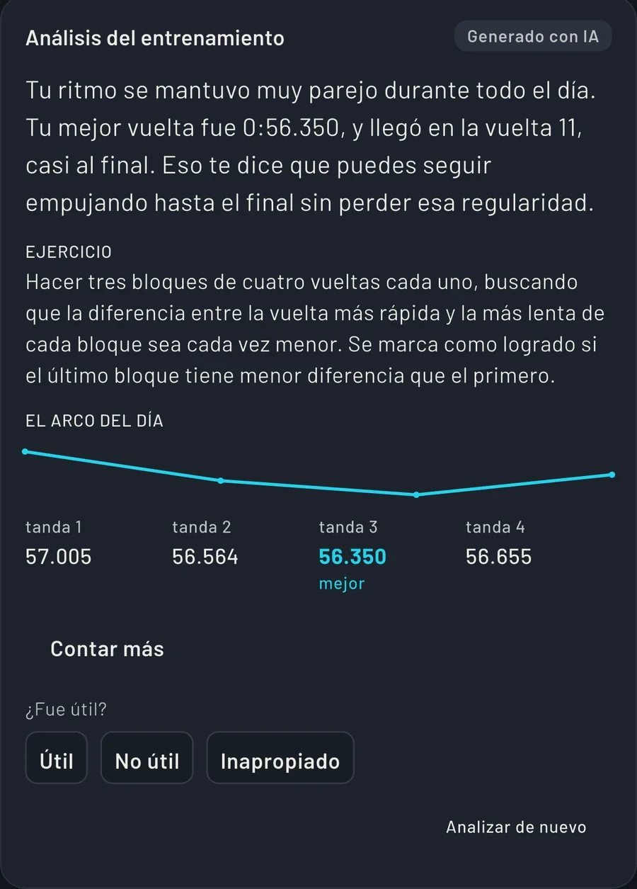 Análisis del entreno en la app: el ritmo del día, un ejercicio para la próxima salida y el arco de las tandas