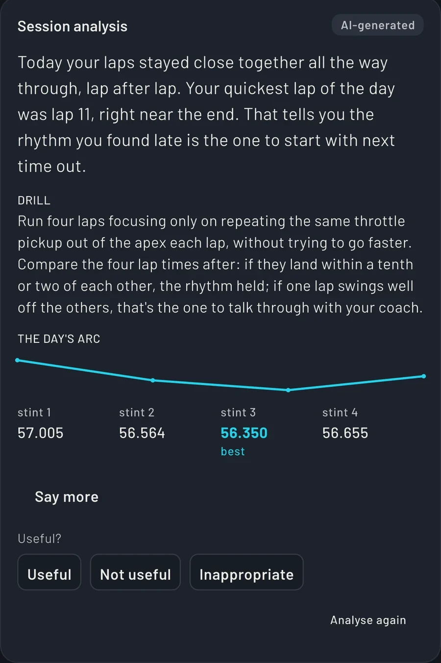 Session analysis in the app: the day’s pace, a drill for next time and the arc of the stints
