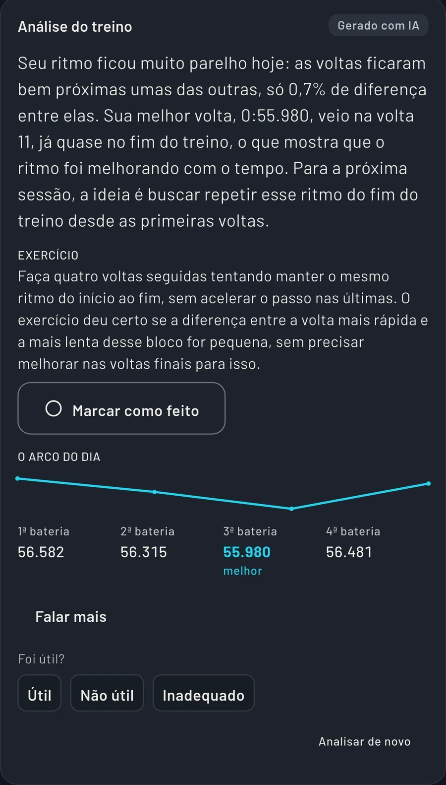 Análise do treino no app: o ritmo do dia, um exercício para a próxima saída e o arco das baterias