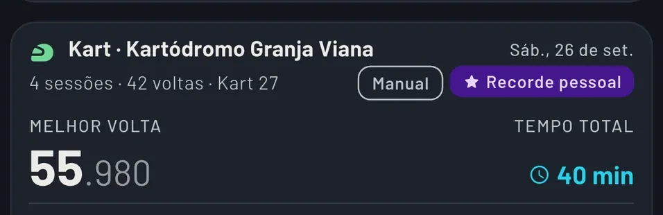 Um treino no app: melhor volta 55.980, recorde pessoal