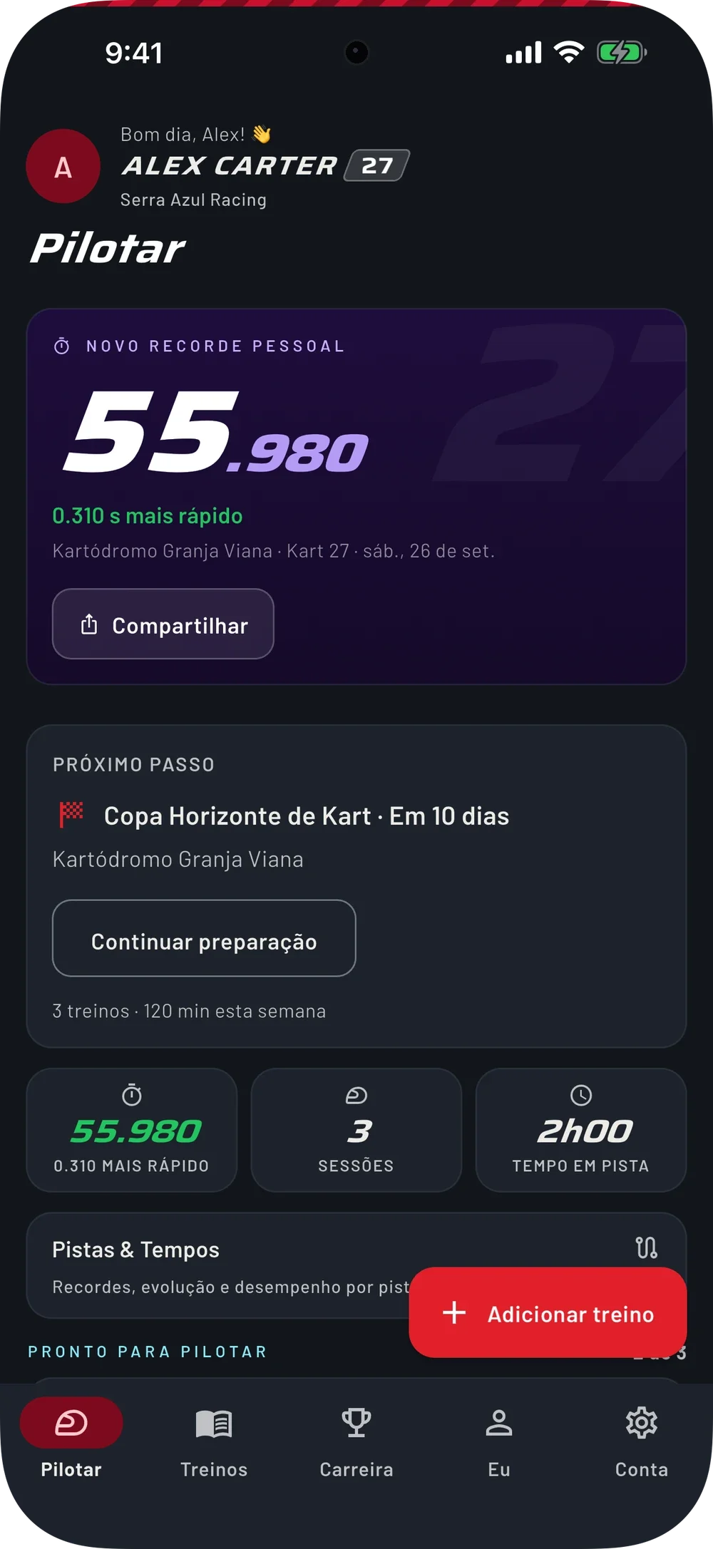 A tela Pilotar do app RacEvo, com o recorde pessoal de 55.980