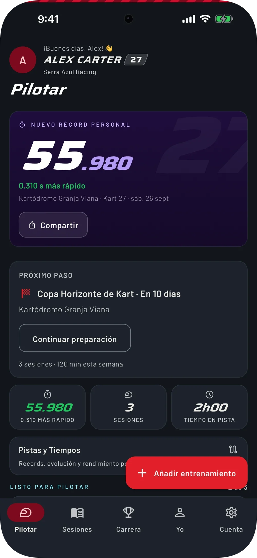 La pantalla Pilotar de RacEvo, con un récord personal de 55.980